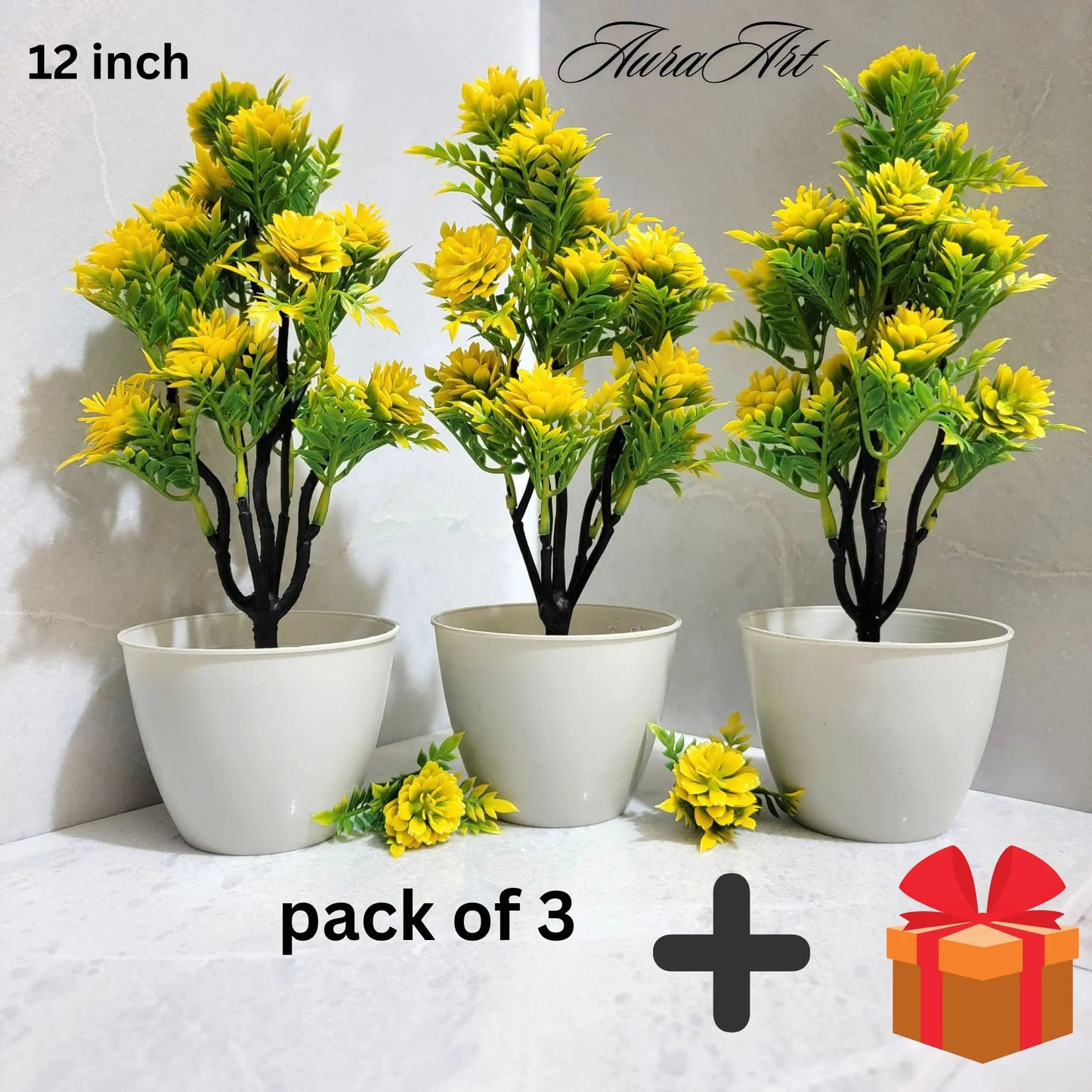 Set of 3, 5 Artificial flowers Small Plants -